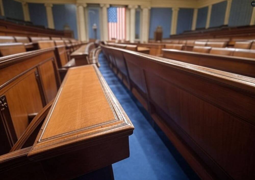 a row of wooden benches in a courtroom