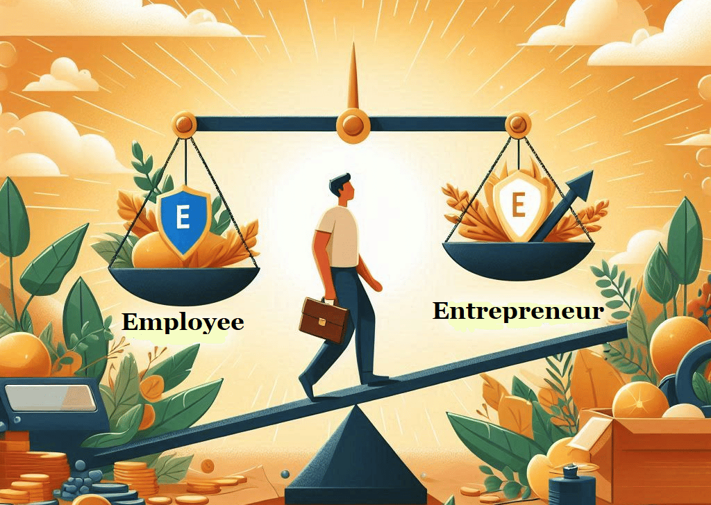 A person on a scale walking from employee mindset to entrepreneur