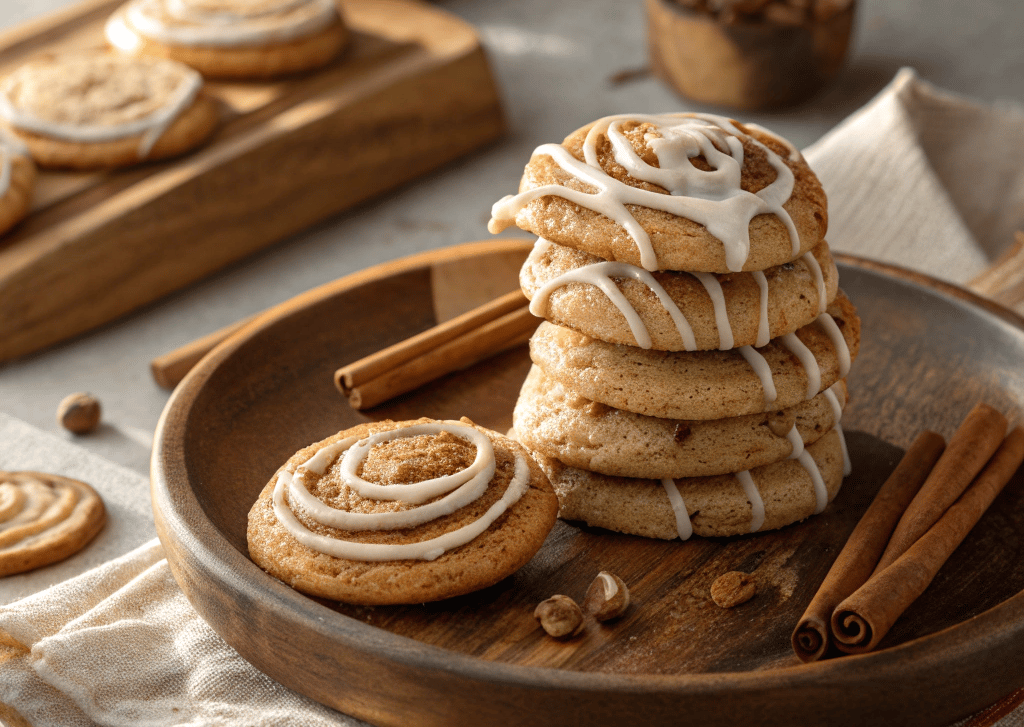 "Stack of soft cinnamon roll cookies with cream cheese glaze"