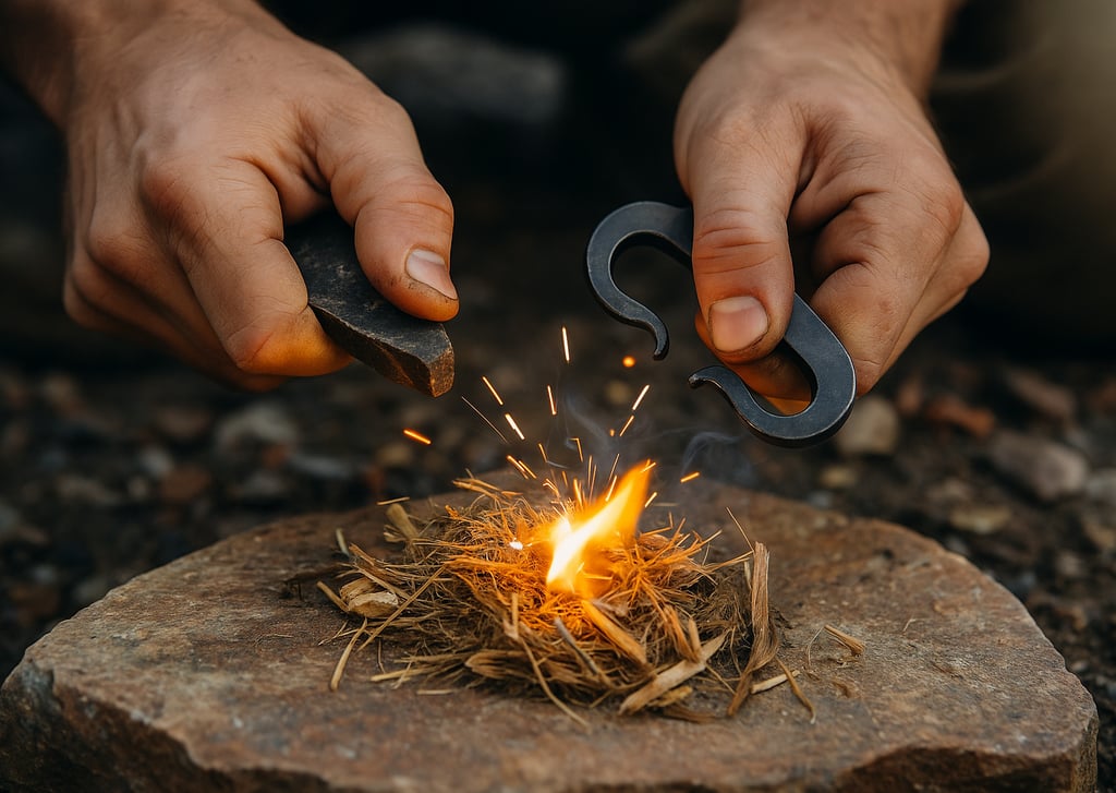 Using ferro rod to spark fire on dry tinder, bushcraft survival firestarting tool