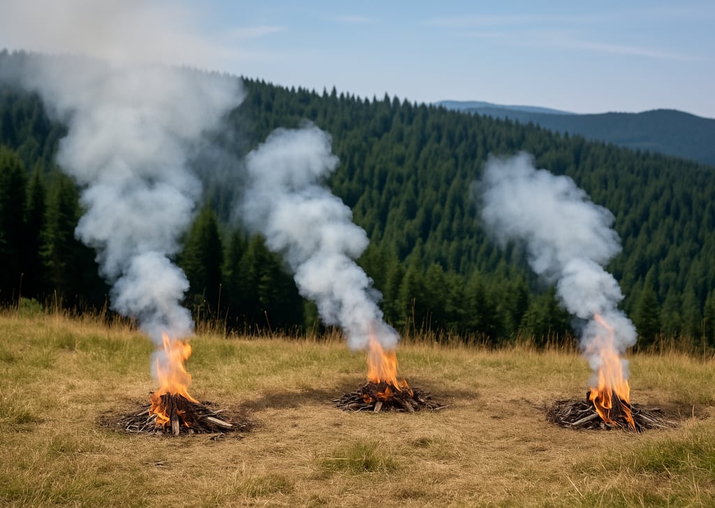 Three smoke signals rising from fires on grassy hilltop to call for help in wilderness