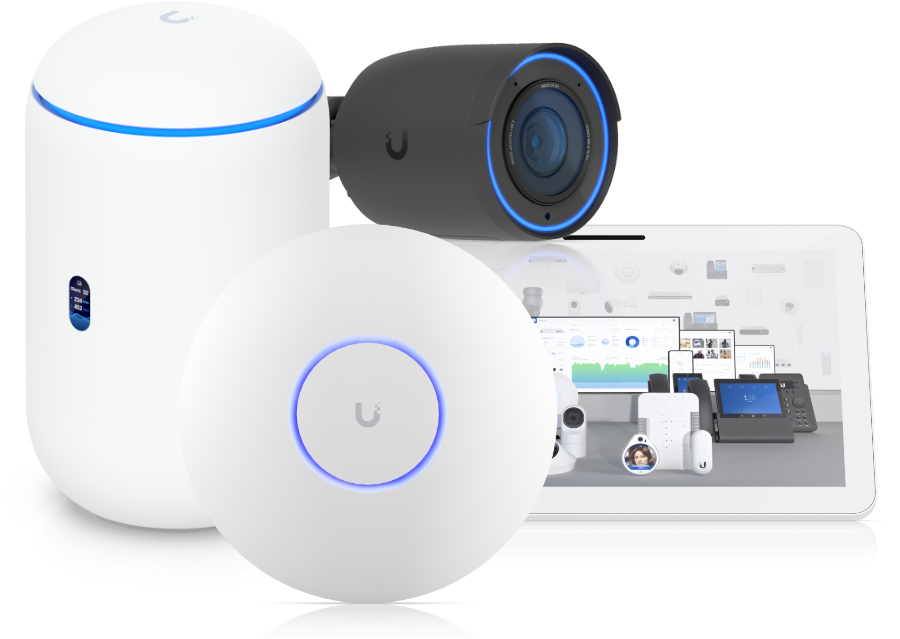 Ubiquiti UniFi networking gear featuring a WiFi 6 access point, security camera, and Dream Router.