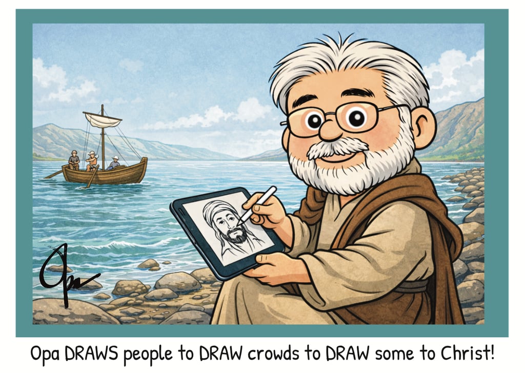 Cartoon of a caricature artist drawing caricatures at the Sea of Galilee