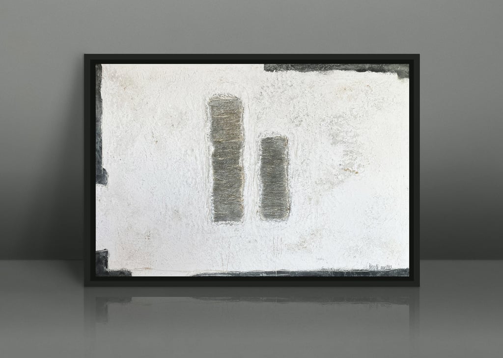 Framed minimalist abstract wall art featuring textured grey vertical bars on a white background.