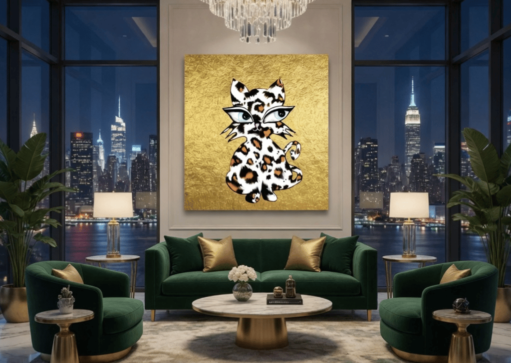Luxury custom cat portrait by Eve Hennessa displayed as Hawa Cat wall art in an elegant interior