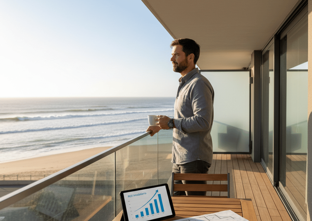 Consultor imobiliário André Branco observa o horizonte da Nazaré com sobreposição de gráfico de ROI,