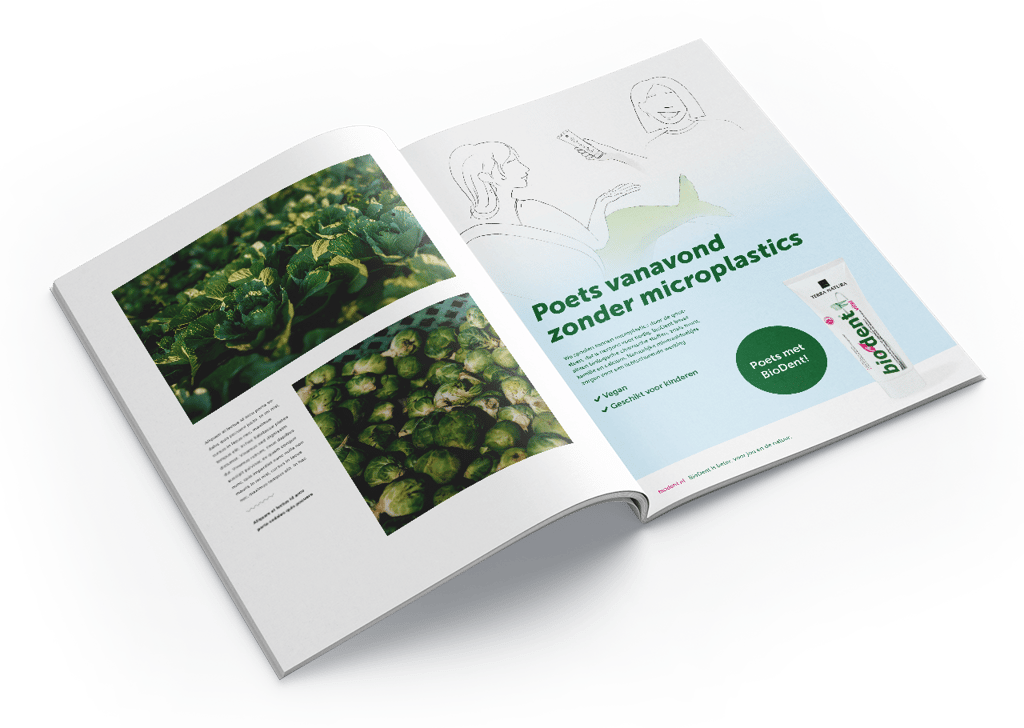 Magazine mock-up van BioDent advertentie met zeemeermin bij de tandarts