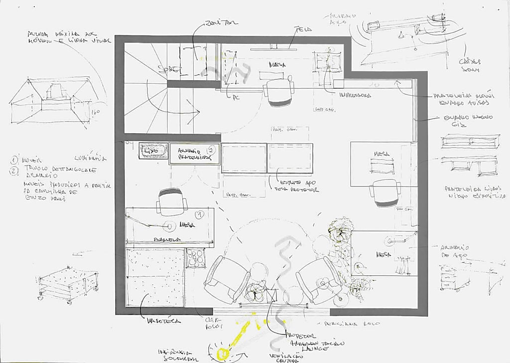 Croqui de planta baixa com layout de escritório e mobiliário desenhado à mão – Arqmaisart