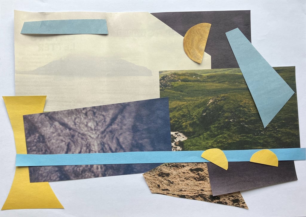 An image of abstract art in blues, greens and yellow