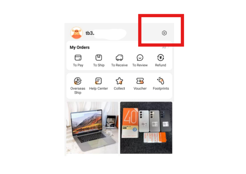 E-commerce app profile settings icon highlighted with a red box above the my orders dashboard section