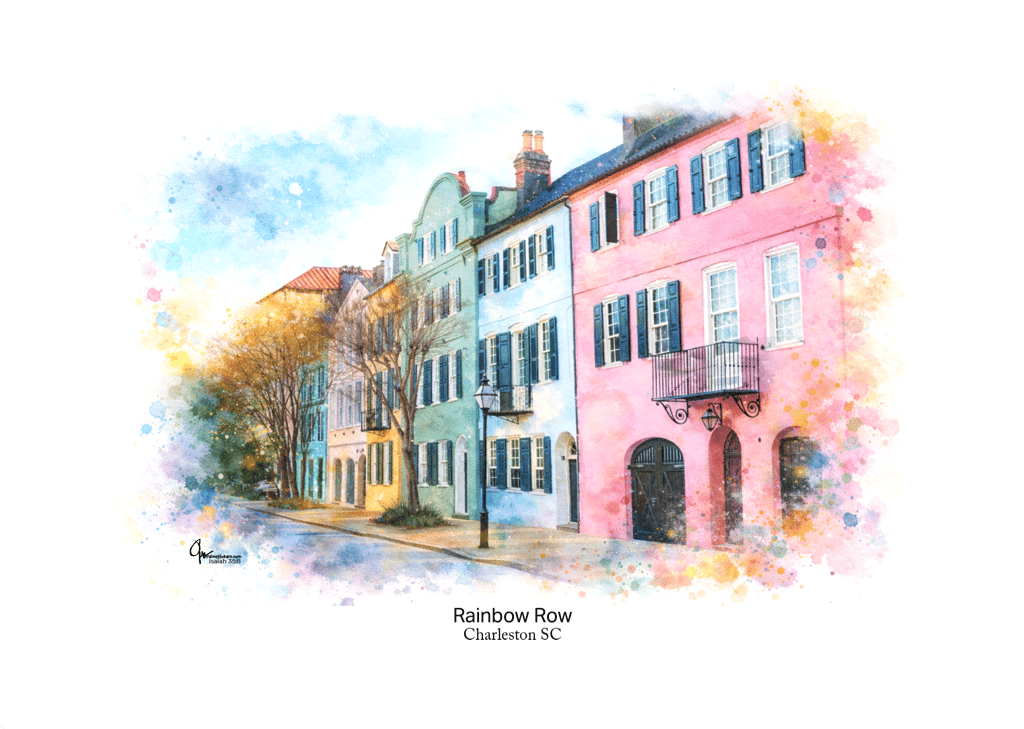 Digital watercolor painting of Rainbow Row in Charleston SC