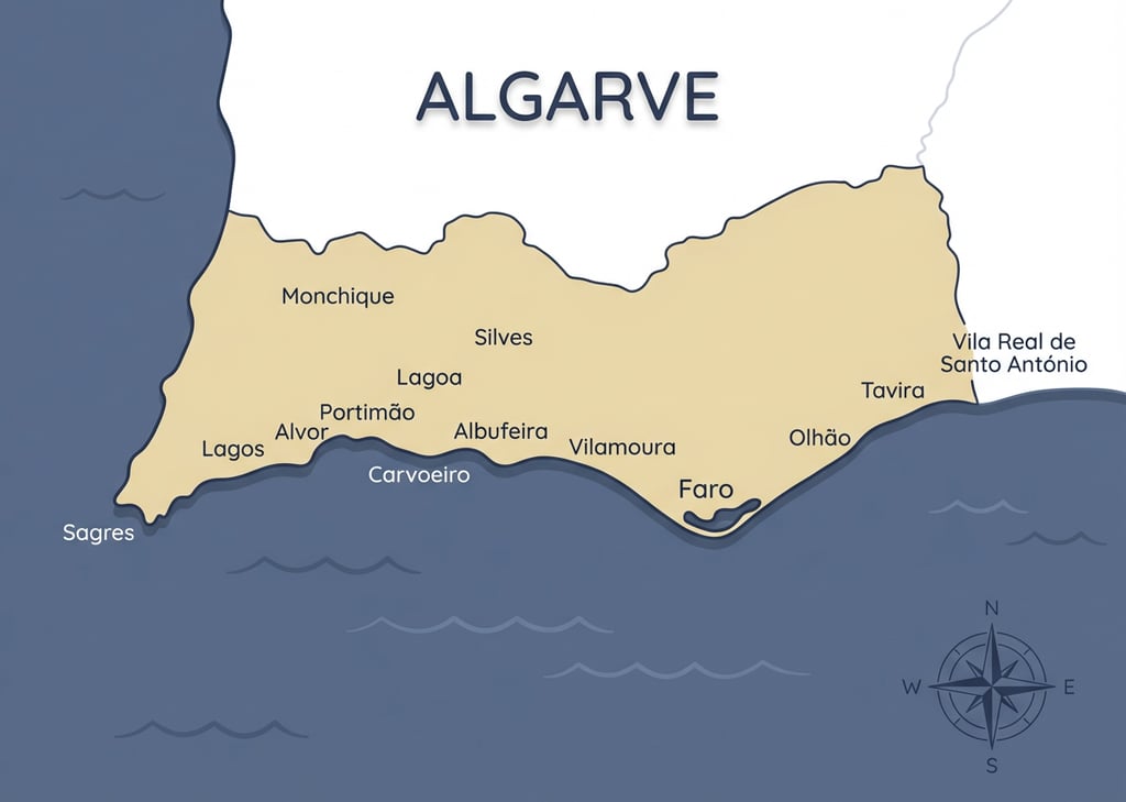 Map of Algarve, Portugal, showing major coastal cities like Lagos, Albufeira, Faro, and Tavira.
