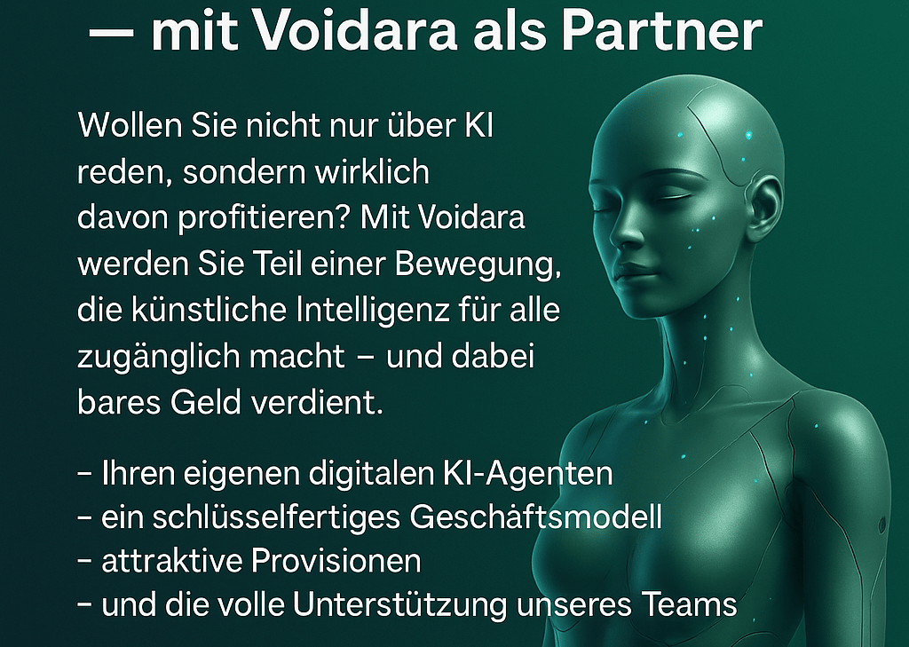 "Voidara KI-Agent Werbegrafik – Jetzt Partner werden und mit künstlicher Intelligenz Geld verdienen"