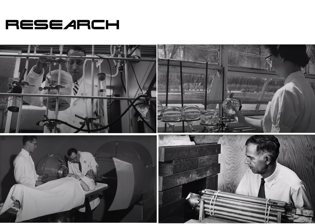Vintage black and white photos showing scientific research, lab equipment, and medical experiments.
