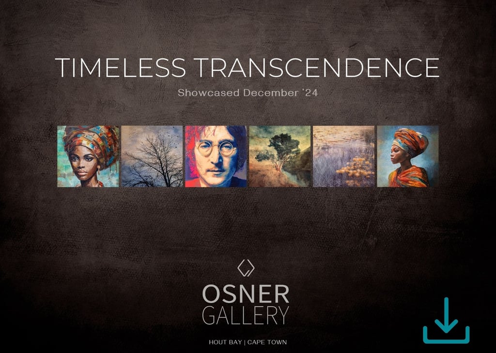 Timeless Transcendence – Osner Gallery exhibition brochure cover featuring African art, photography, and original paintings