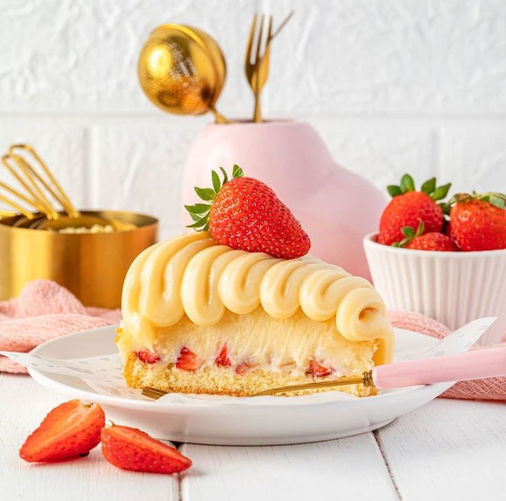 A slice of gourmet strawberry custard cake with creamy frosting and fresh berries on a white plate.