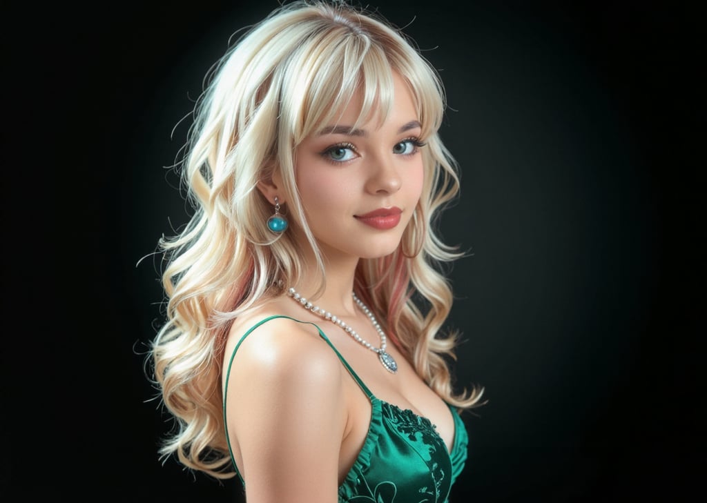 A portrait of a woman in a green dress