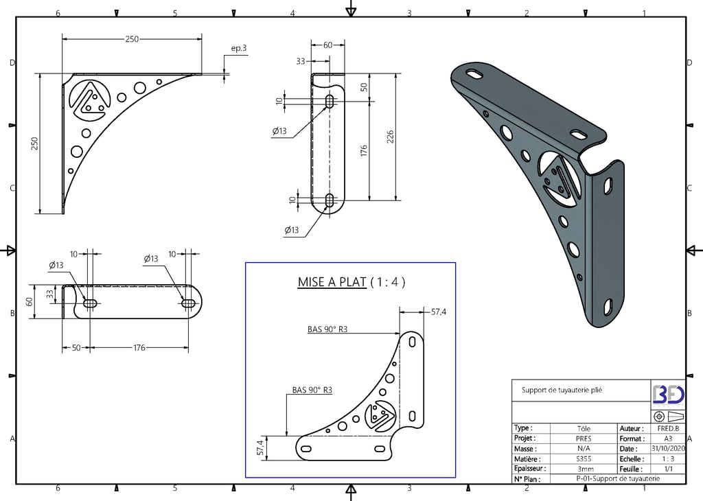 Plan et étude de support de tuyauterie modélisé en CAO