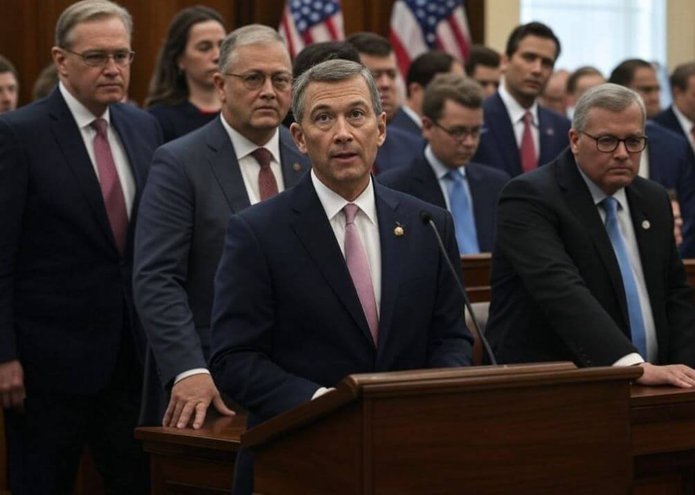 a man in a suit and tie standing at a podium