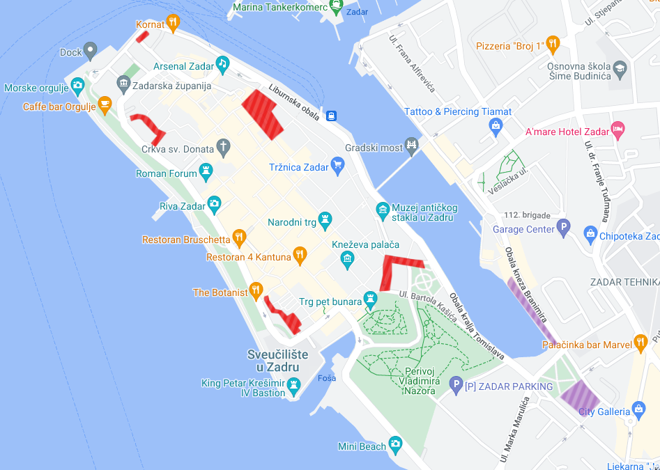A map of Zadar, showing parking in Zone 3