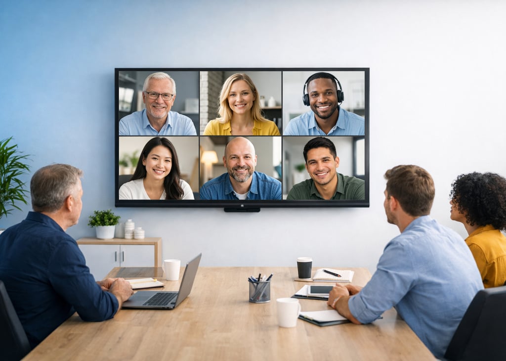 Meeting room with team attending video conference on large TV screen