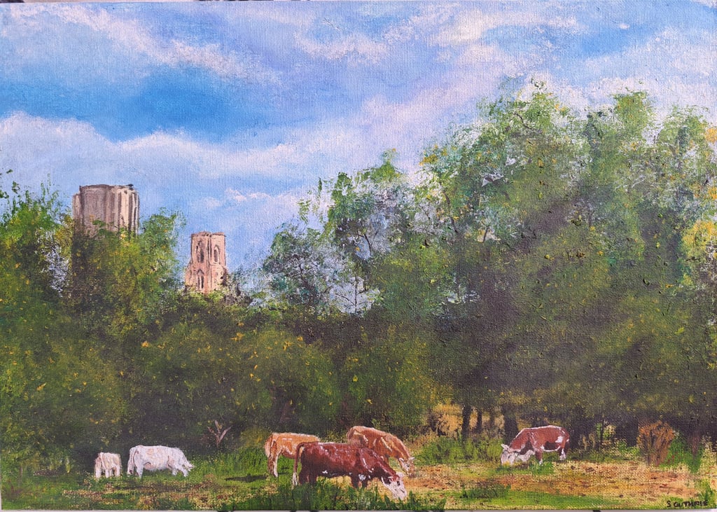 Acrylic on canvas board Landscape painting of Wymondham Abbey with cows