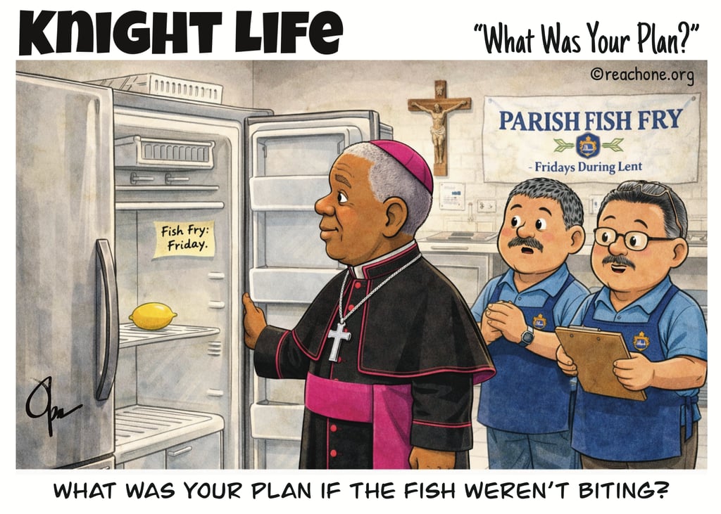 Cartoon of Bishop looking at empty refrigerator and asking Knights about plan when fish not biting