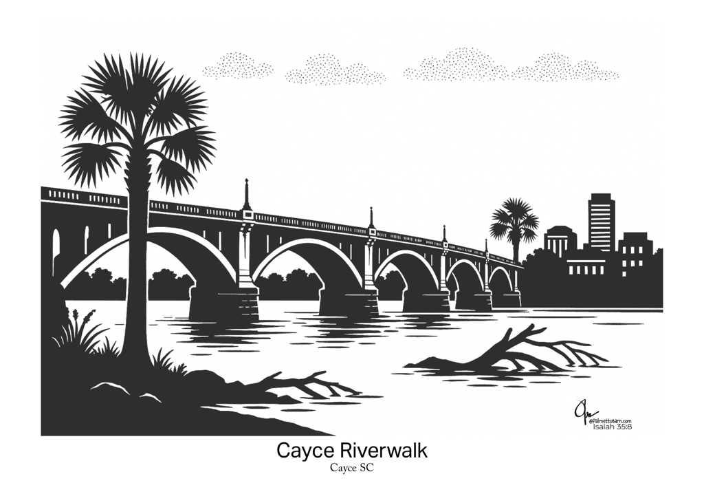 Black and white silhouette picture of Congaree River and bridge