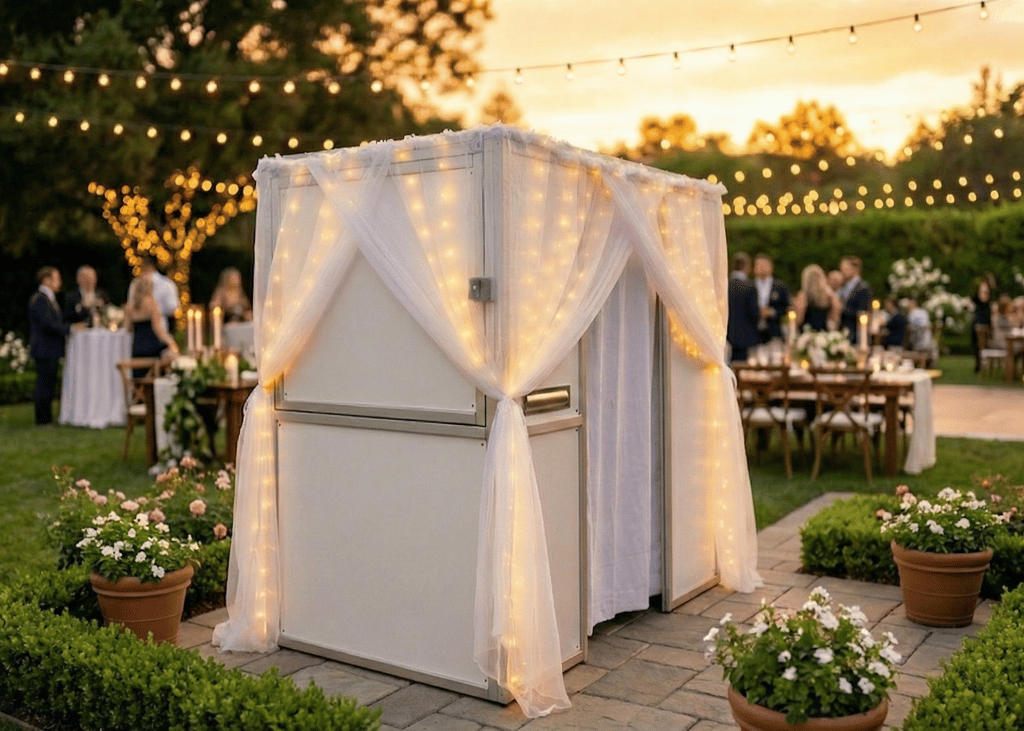 a photo booth at a outdoor wedding