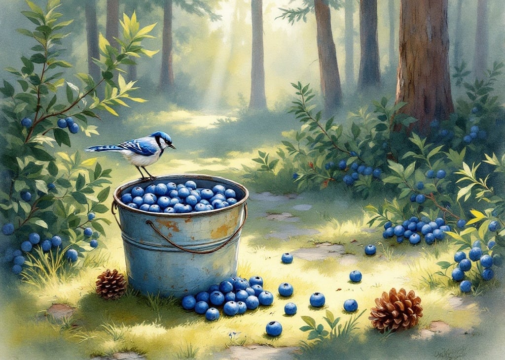 Aquarell: eine Blechkanne voller Blaubeeren im Moos, daneben verstreute Beeren im gefleckten Sonnenl