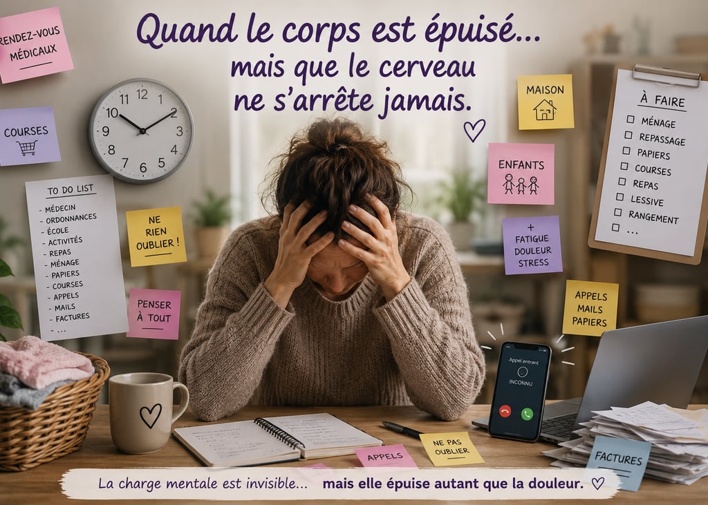 Femme atteinte de douleurs chroniques assise, la tête entre les mains, entourée de listes, rendez-vo