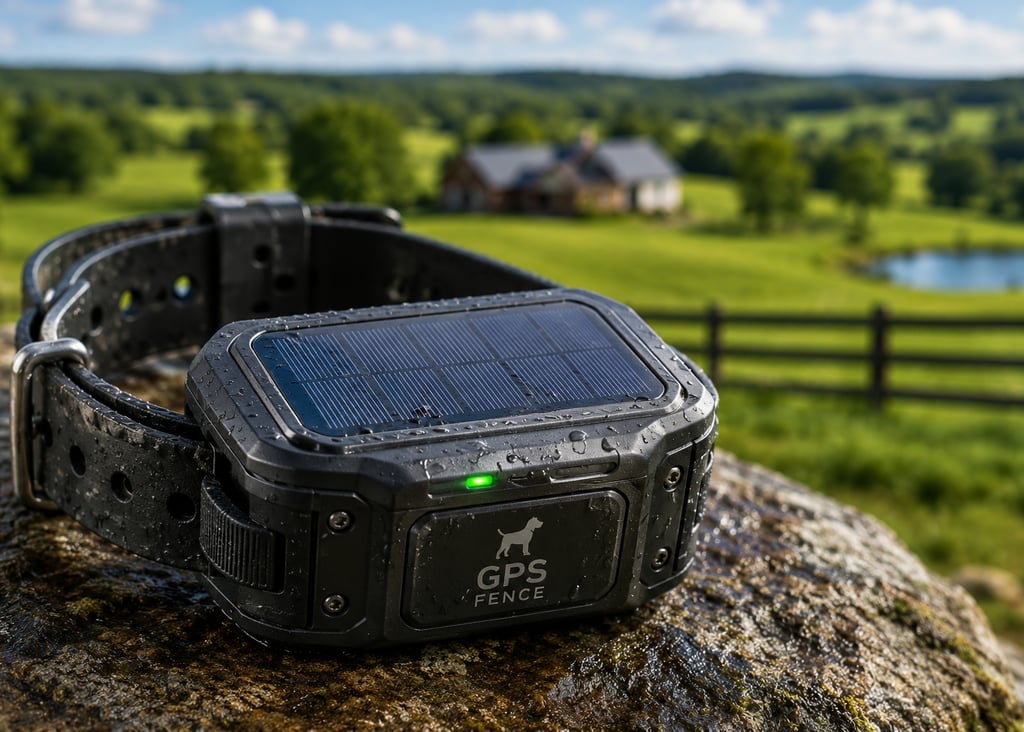 Solar-powered GPS dog collar with rugged weatherproof design for virtual fencing on large rural properties