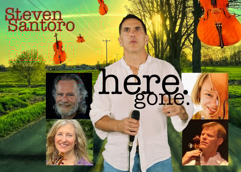 A man holding a microphone. Stringed instruments float behind him along with the faces of musicians