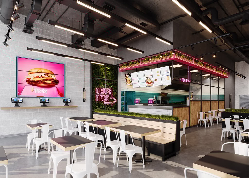 3D Rendering of Pickl Uwalk branch with concrete floors, metal chairs, kiosks, and pink signage. Created by VISUALISE.