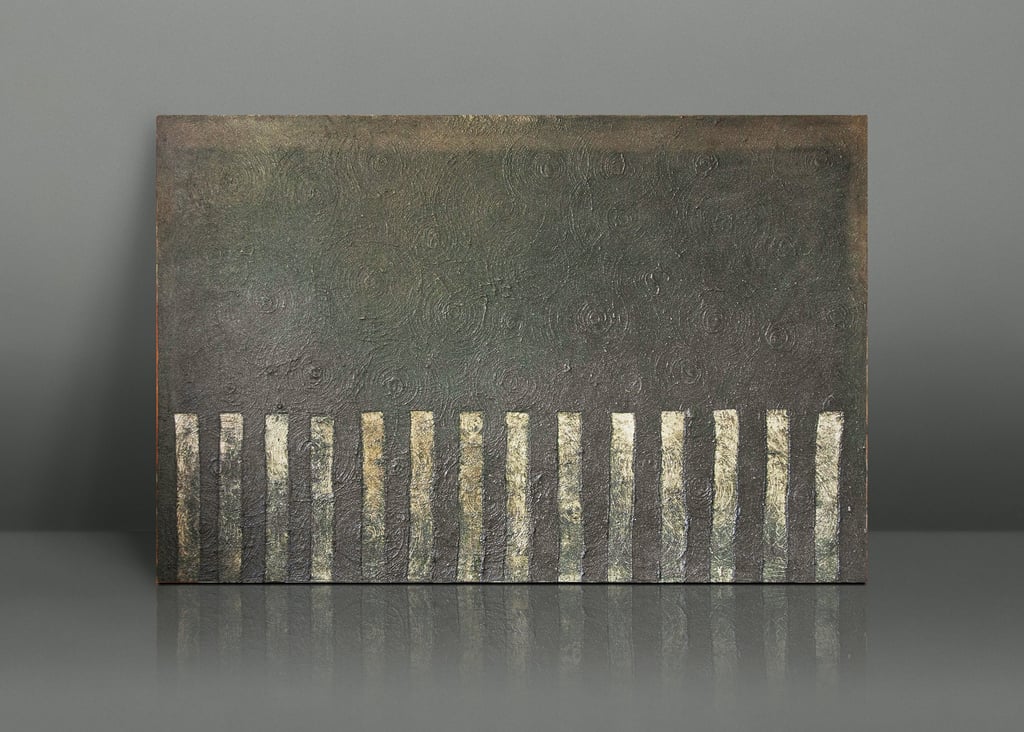 Abstract textured painting featuring a dark green background with vertical beige stripes.