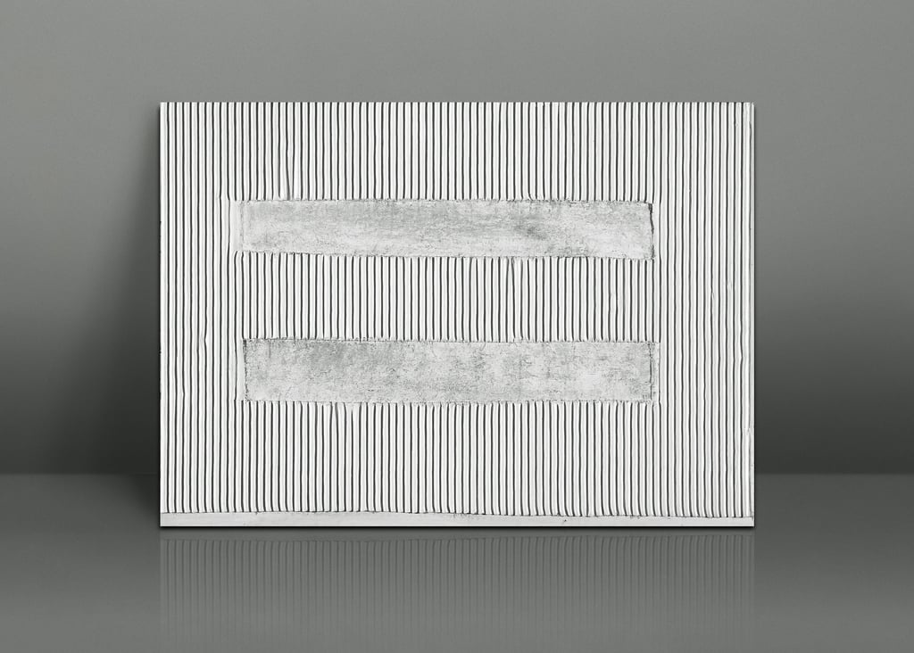 White textured canvas art with vertical ridges and two horizontal rectangular panels.