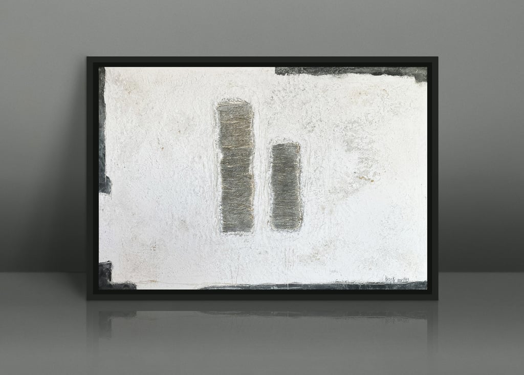 Framed minimalist abstract wall art featuring textured grey vertical bars on a white background.