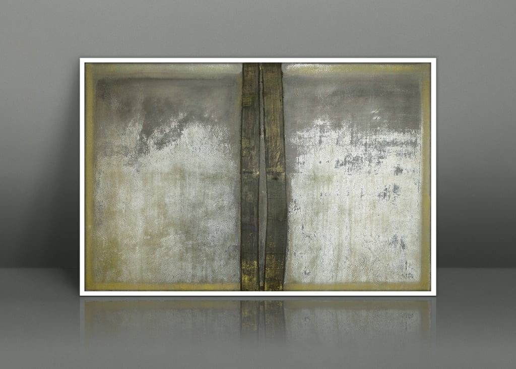 Minimalist abstract diptych painting with textured grey, white, and gold metallic accents.