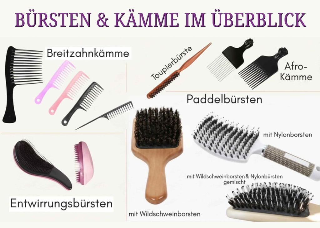 Übersicht verschiedener Haarbürsten und Kämme wie Entwirrungsbürsten, Afro-Kämme und Paddelbürsten für die Haarpflege.