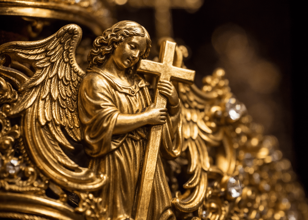 detalle de un ángel en corona de oro