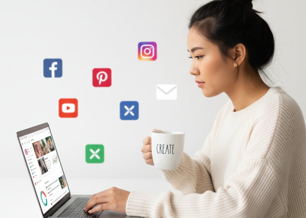 creator working on laptop checking social media