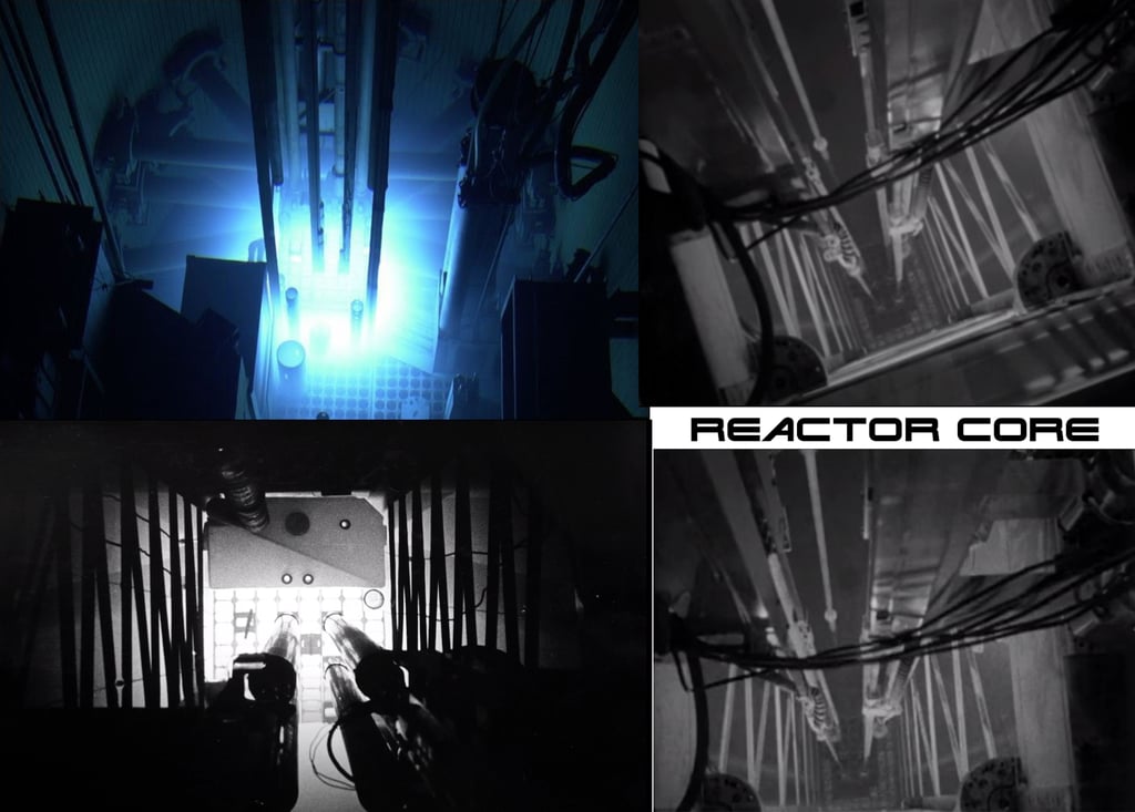 A collage of photos of the nuclear reactor core inside the pool
