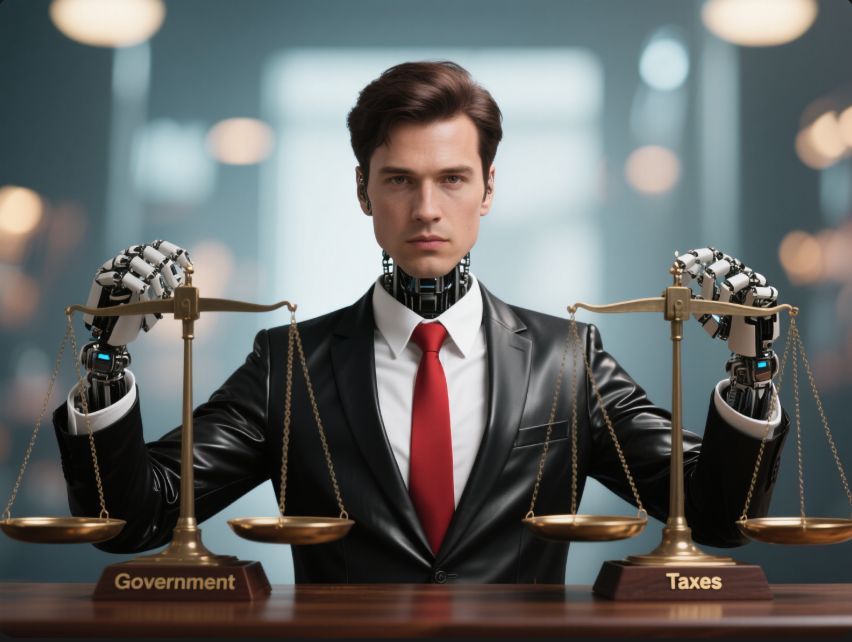 a man in a black leather suit and red tie with two scales government taxes