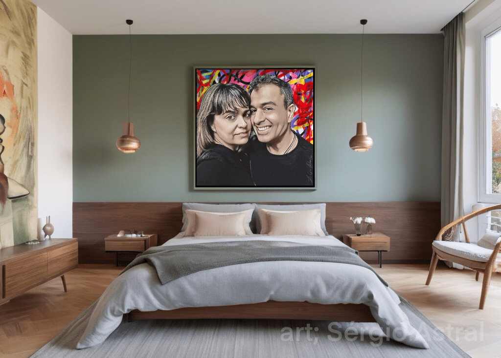 Elegância e modernidade se encontram neste quarto de casal com um quadro pop-art vibrante.