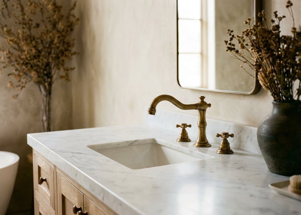 Vintage brass faucet on a white marble vanity with an undermount sink and oak cabinets.