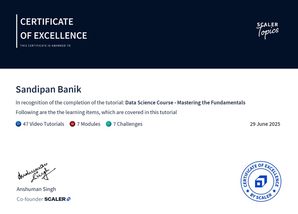 Data Science - Mastering the Fundamentals - Certificate from Scaler - Sandipan Banik