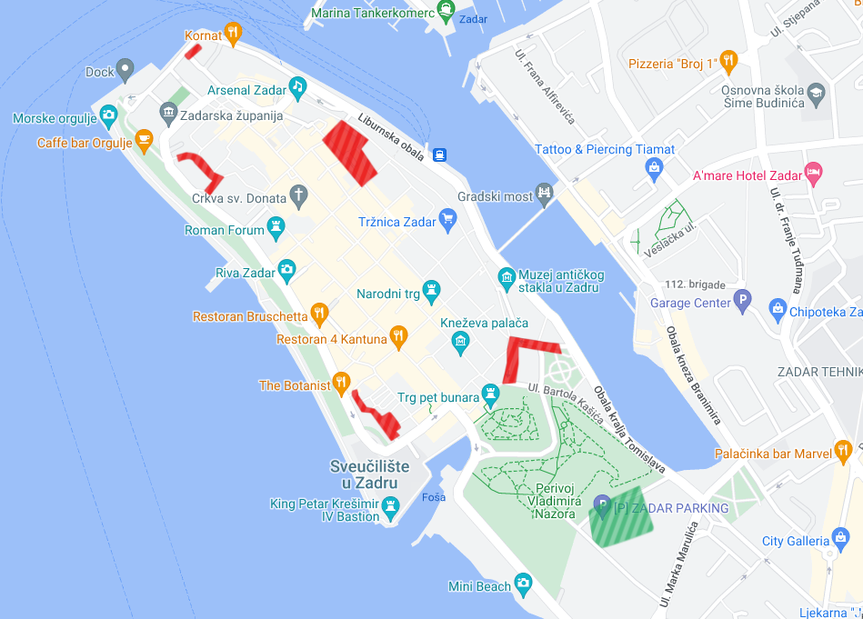 A map of Zadar, showing parking in Zone 4
