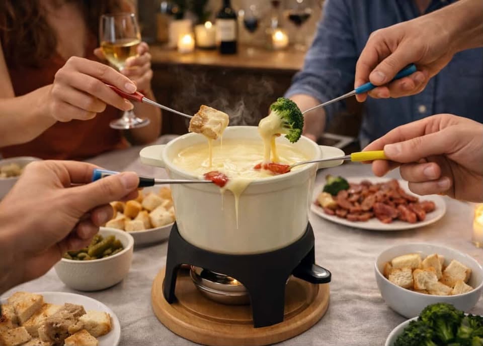 Friends enjoying cheese from a cast iron fondue pot with bread and vegetables at dinner table