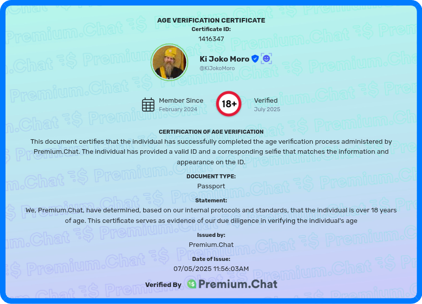 An image of a document verifying the age of a service provider on Premium.Chat