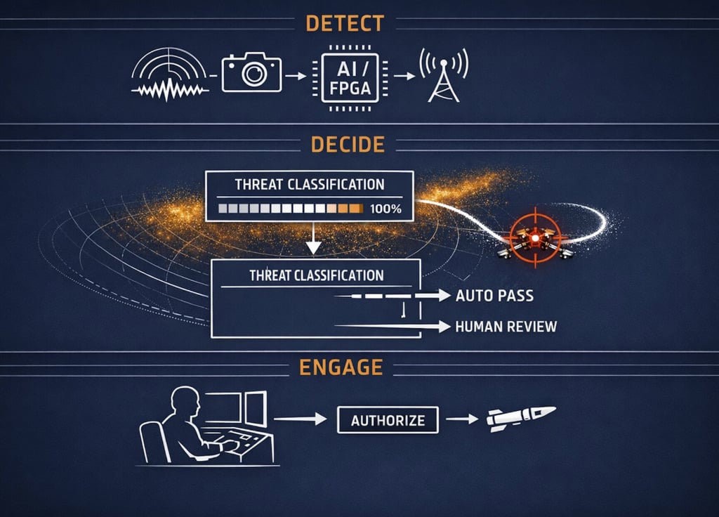 Diagram showing the detect, decide, and engage phases of an AI-powered defense system for drone threat classification.
